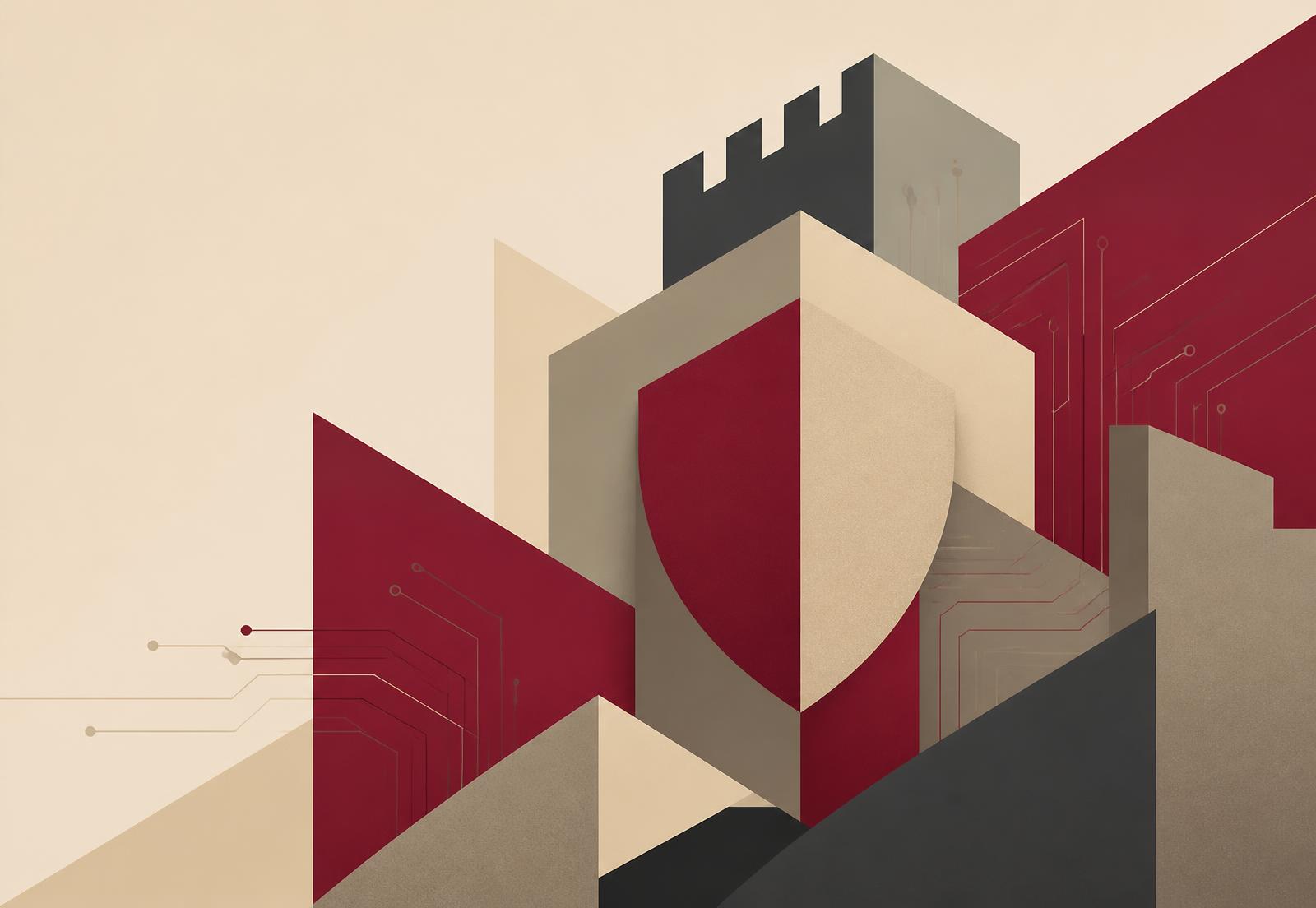 Abstract geometric shield and fortress forms with circuit-board lines