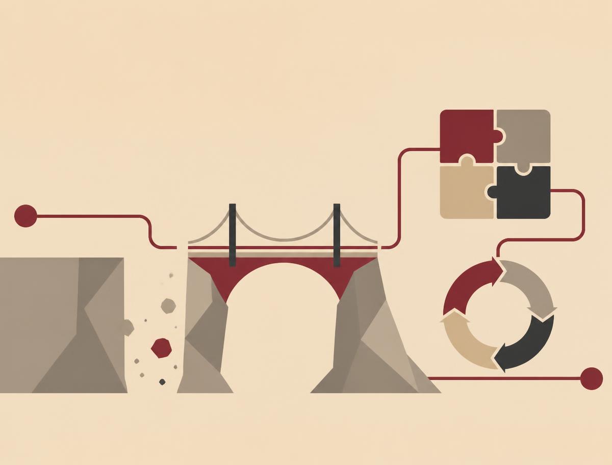 Illustration of a bridge spanning a gap with an unbroken line and a cyclical process loop, representing business continuity