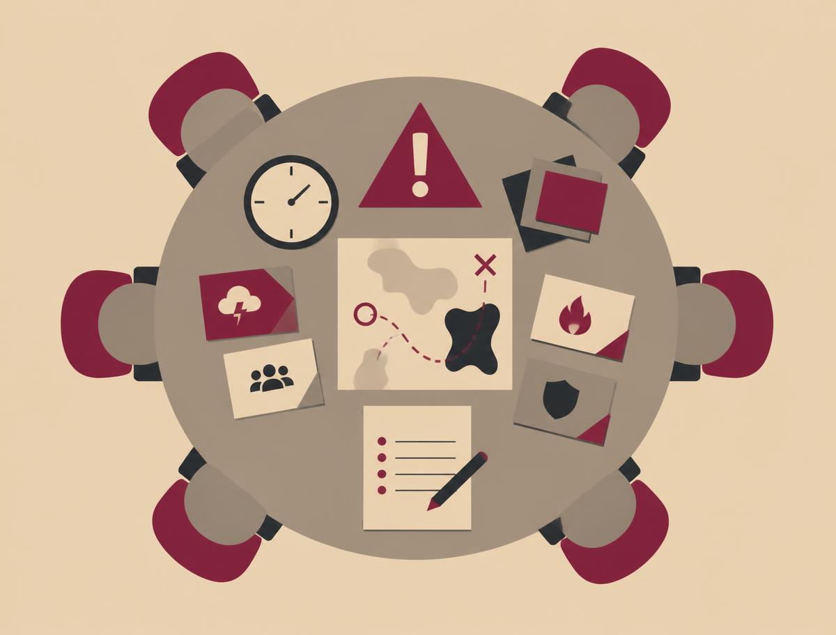 Overhead illustration of a crisis management tabletop exercise with scenario cards, a clock and an alert symbol