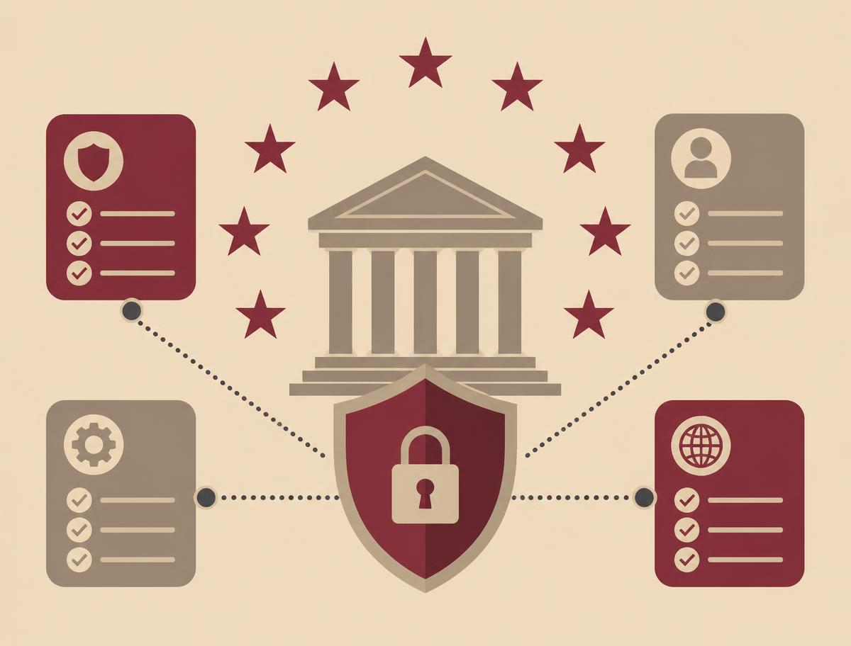 Illustration of European stars around an institutional building with compliance checklists and a padlock shield